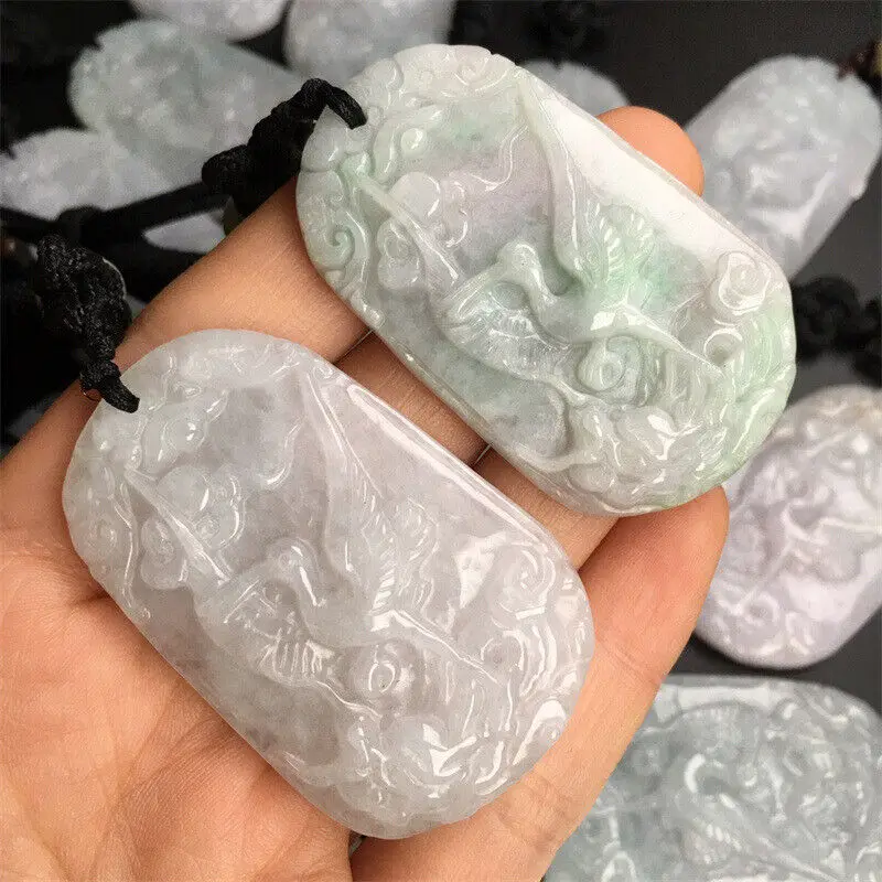 Natural Genuine Green A Jade Jadeite Bird Pendant Crane Xiangyun