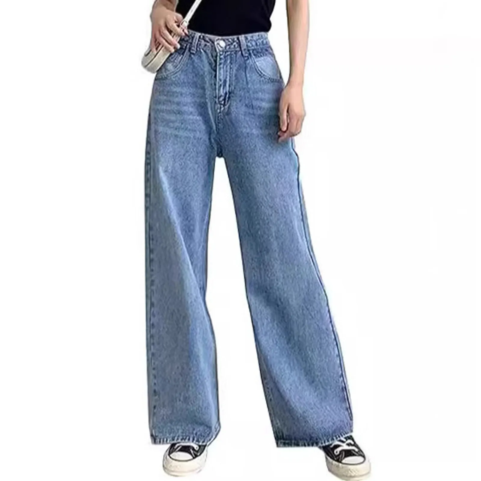 Autumn New Jeans Women'S Streetwear Washed Denim Pants Vintage Straight Trousers Casual Loose-Fit High-Waisted Wide Leg Jeans