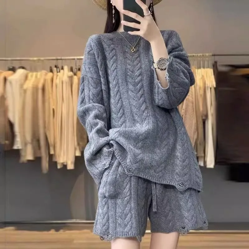 Extra Large Sweater Set Female Large Size Loose Knitwear Intensification External Penetration Long-sleeved Shorts Two-piece Lazy