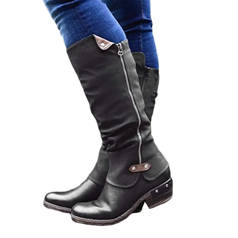 Botas Mujer 2022 Women\'s Boots Winter PU Leather Knee High Boots Women Snow Boots High Heels Zipper Female Shoes Large Size 43