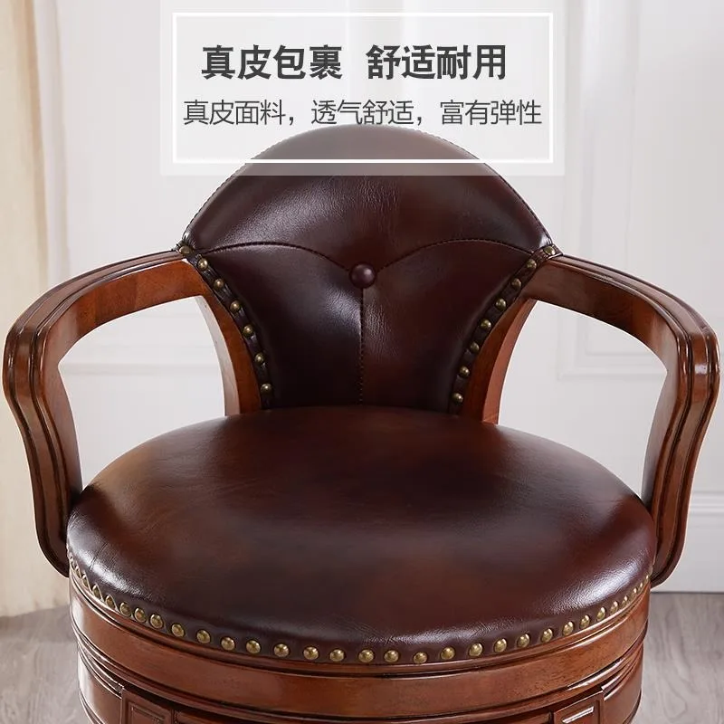 European solid wood bar chair, home rotating leather bar chair, retro American high chair, bar stool light luxury