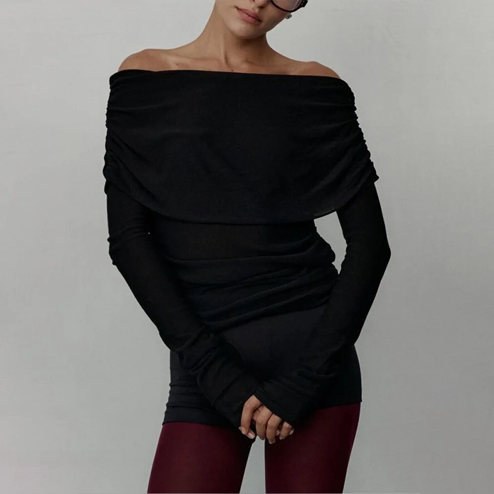 Slim-Fit Off-Shoulder Sweater Women's Autumn and Winter European and American-Style Long-Sleeved Knitted Bottoming Ropa Mujer