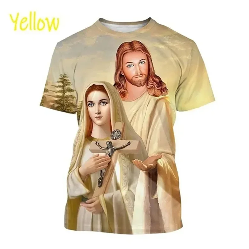 Christian Female Deity Mary Pattern T-Shirt For Men Jesus 3D Printed T Shirts Casual Crew Neck Short Sleeve Oversized Tees Tops