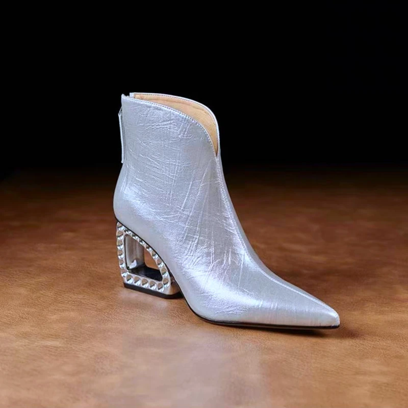 Women's New Autumn and Winter Pointed Leather Cowhide Gold-Plated Wedge Heel High Heels and Calf Star Style Chelsea Boots