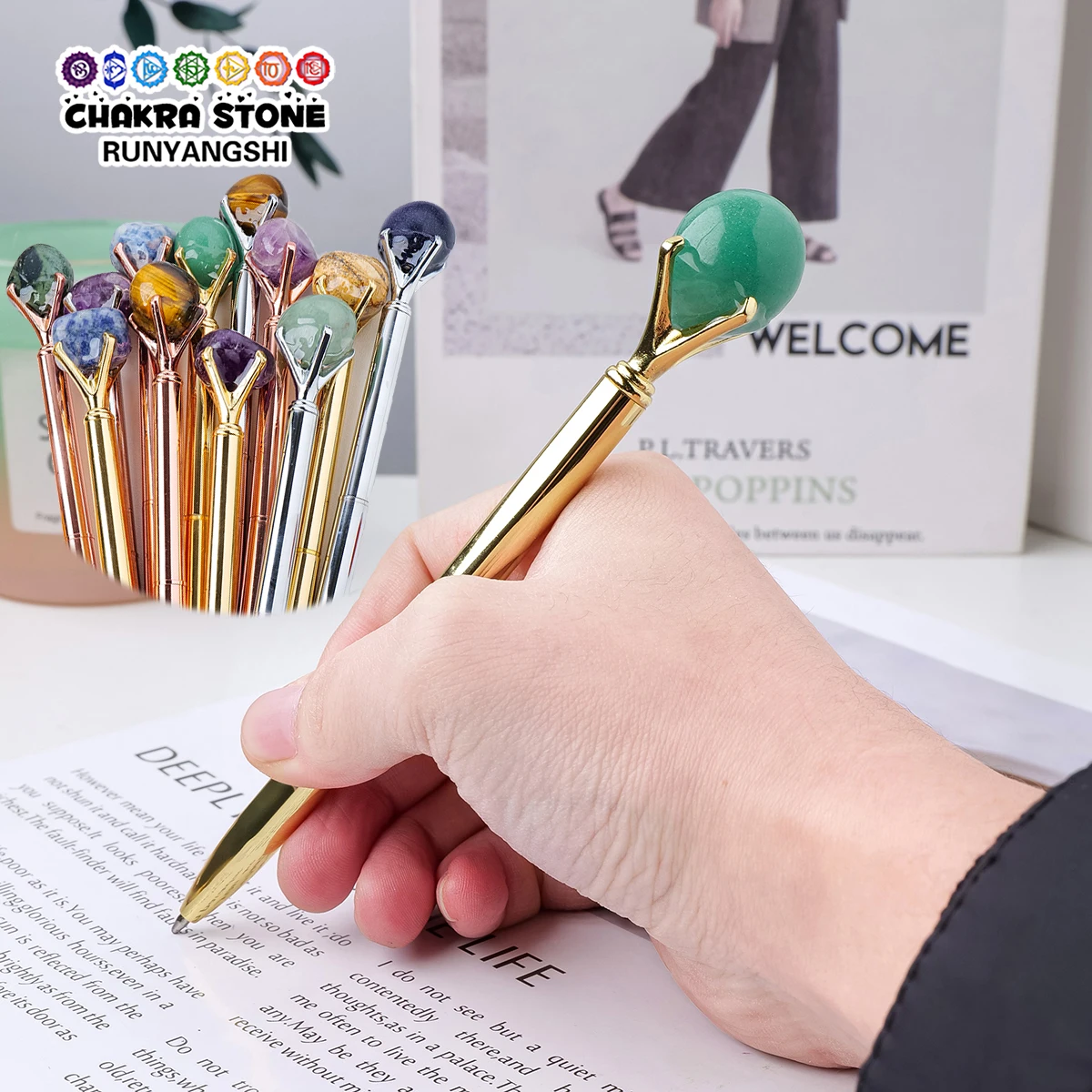 

1PC Natural Crystal Polished Rolling Stone Pen Business Office Student Stationery Energy Healing Gifts