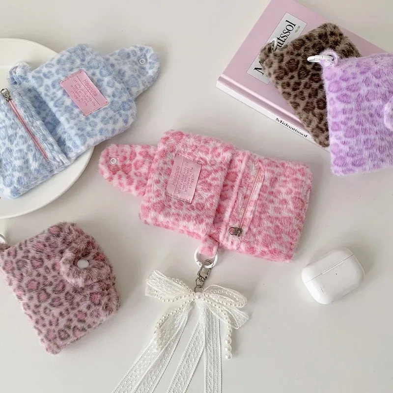 1pcs Female Leopard Print Plush Snap Button Coin Purse High-value Pendant Small Wallet Student Portable Meal Card Storage Bag