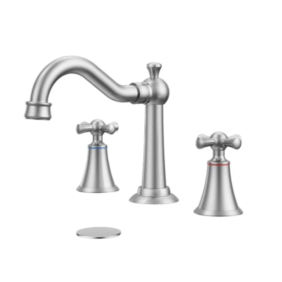 

8 Inch Widespread Bathroom Sink Faucet Brushed 3 Hole 2 Cross Handles Classic Vintage Antique Faucet with Metal Pop Up Drain an