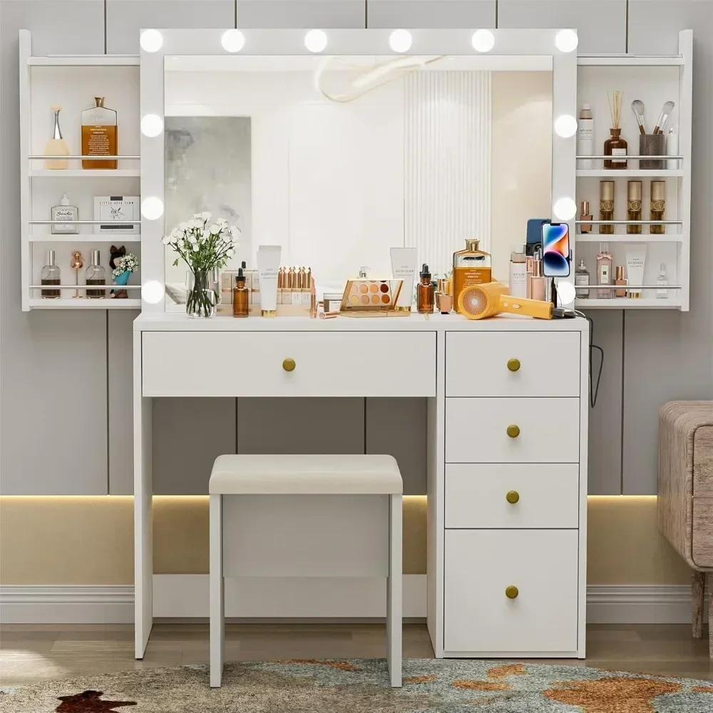 Makeup Vanity Desk, Lighted Mirror, Charging, 39.4