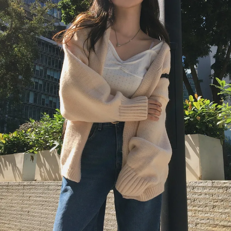 

REALEFT Autumn Winter Casual Loose Women's Cardigan Solid Long Sleeve V-neck Knitted Korean Sweaters Female 2025 New