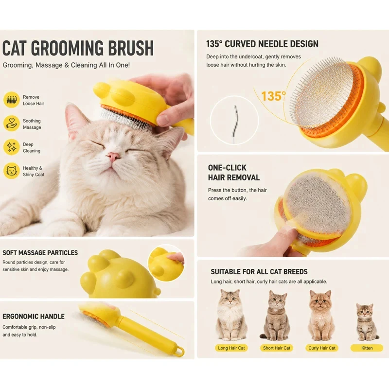 One Click Pet Grooming Deshedding Comb, Fast Loose Fur Remover Tool for Long Haired Dog Cat All Breeds