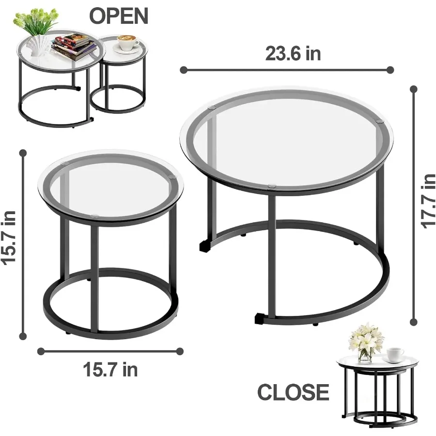 2-Piece Black Nesting Coffee Glass Table Set, Metal Frame for Small Spaces, Modern Industrial Style