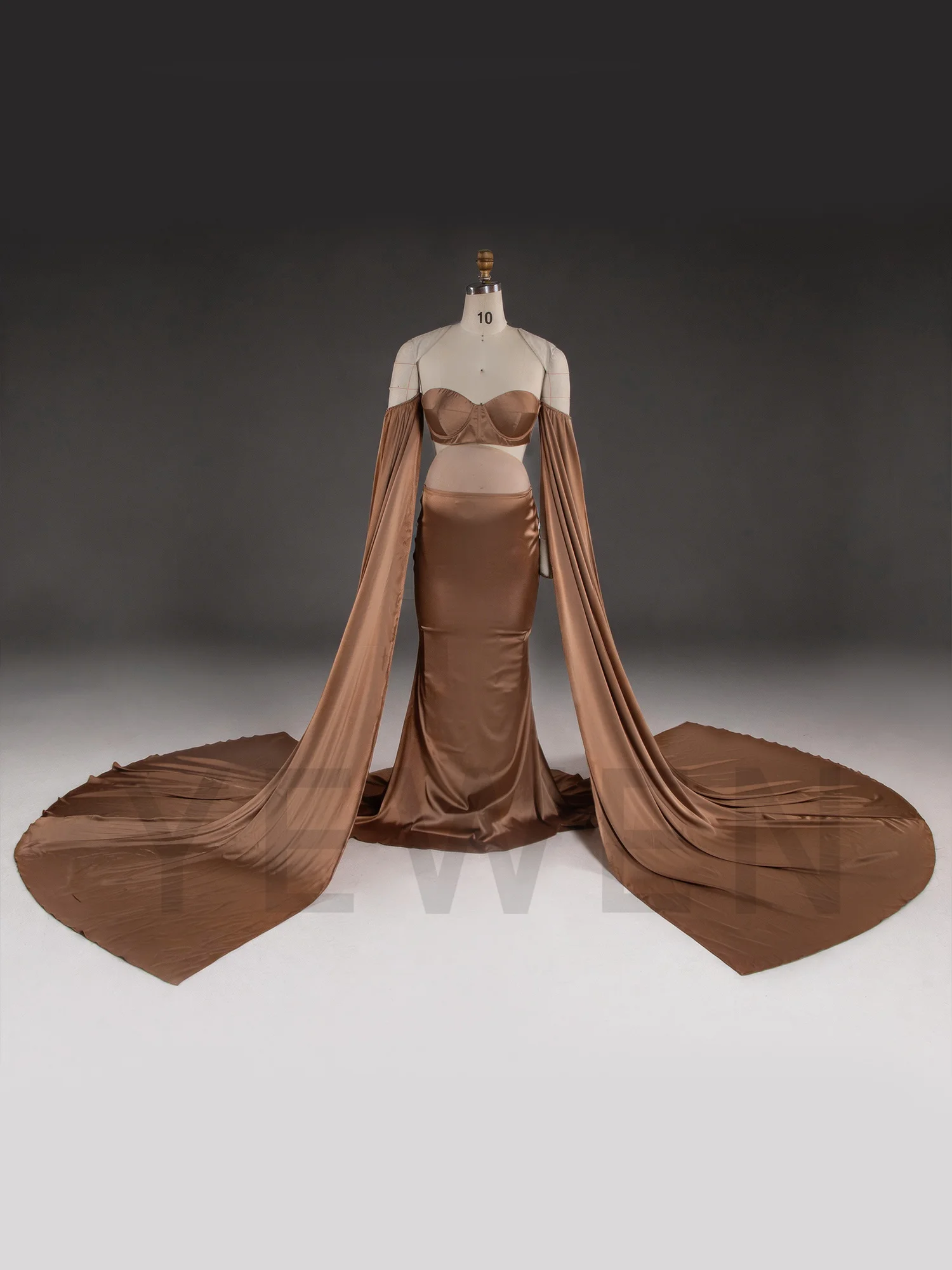 Brown Satin Maternity Evening Dress 2 Pieces Set Crop Top Mermaid Pregnancy Gown for Photography Baby Shower YW260346