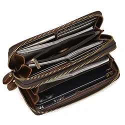 Genuine Leather Long Wallet for Men Double-layered Oil-waxed Zipper Closure, Top-layer Cowhide Clutch with Coin Pocket
