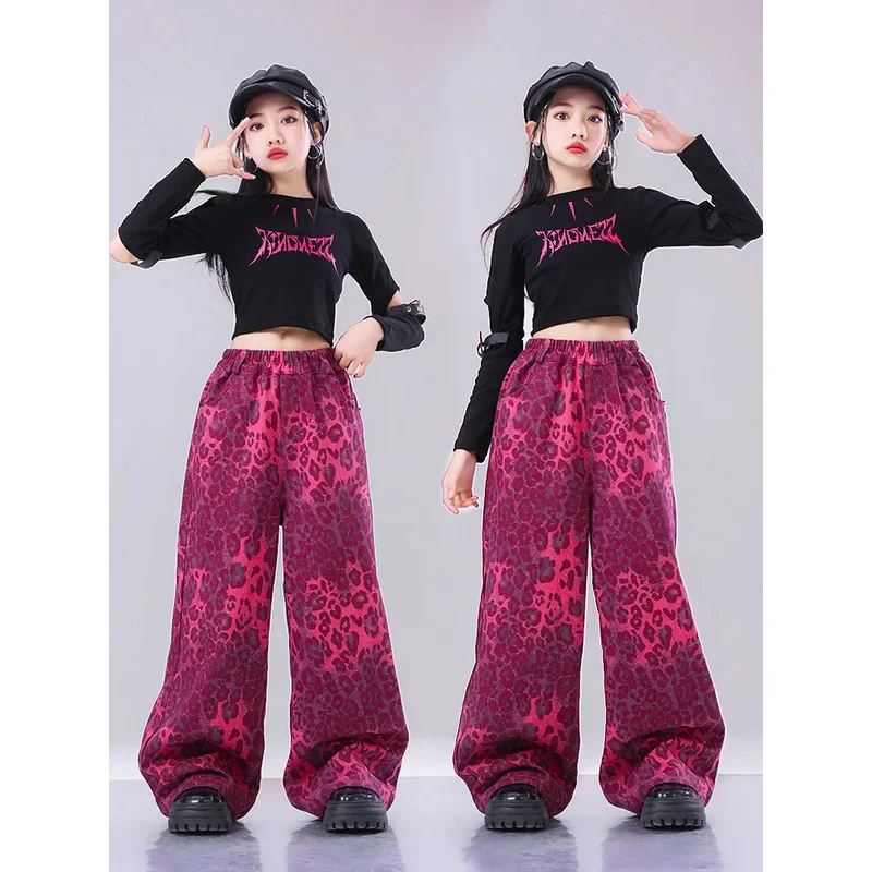 أزياء رقص الجاز الحديثة للفتيات ارتفع الأحمر ليوبارد طباعة معطف الهيب هوب السراويل وتتسابق الهيب هوب مرحلة الملابس