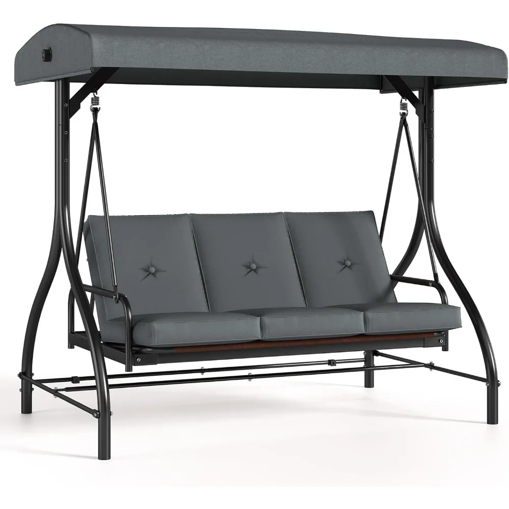 

3-Seat Patio Swing Chair W/Adjustable Canopy & Backrest, Removable Seat Cushion, Convertible Porch Bed with Stand, 45° Adjustab