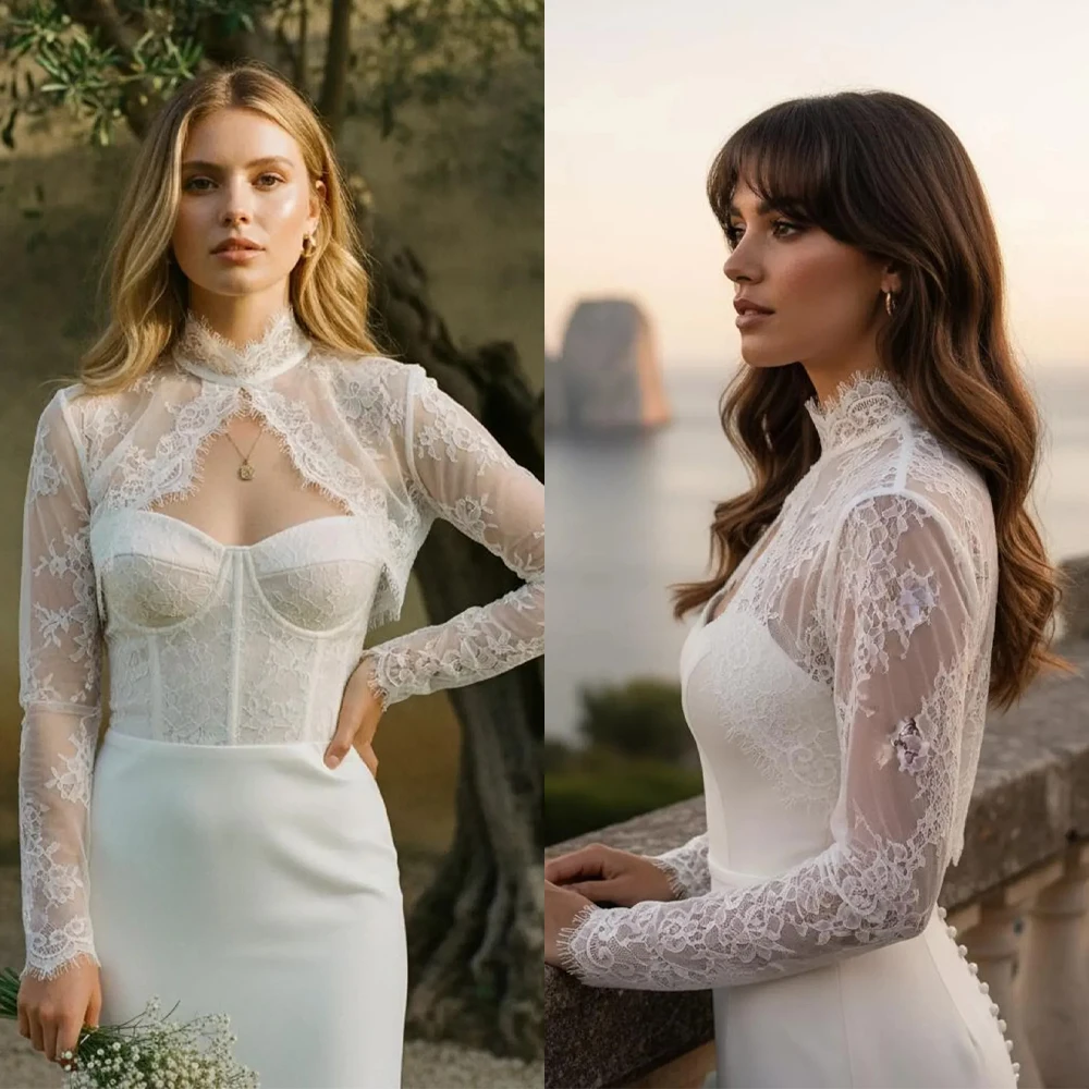 Elegant High Neck Sheer Lace Long Sleeve Bridal Jacket with Scalloped Edge and Keyhole Cutout Wedding Bolero Custom Made J26683