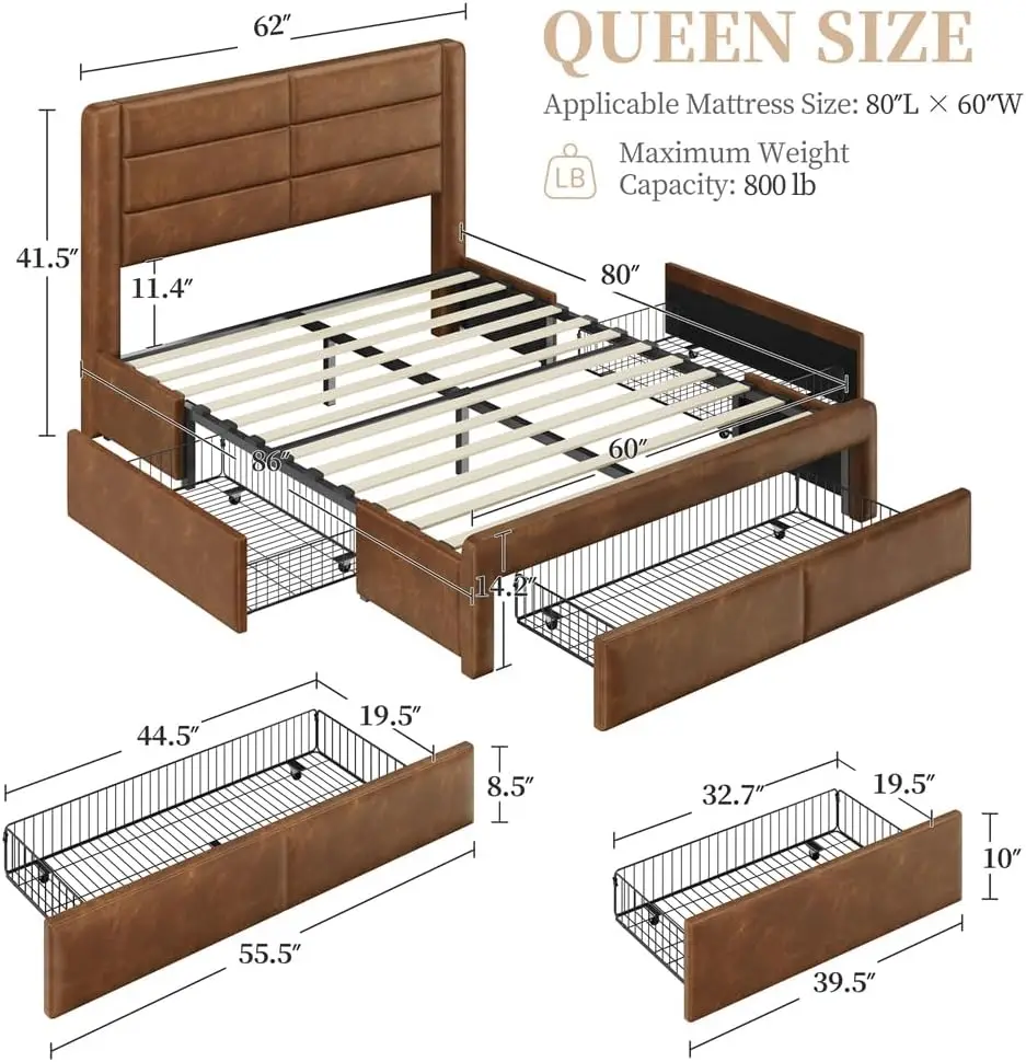 Queen Bed Frame with Charging Stations,Leather Upholstered Platform Bed with No Box Spring Needed/Amber Brown