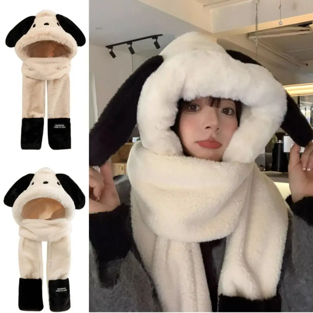 

Three Piece Set Beanies Cap Solid Color Warm Scarf Gloves Set Large Head Circumference Splicing Warm White Plush Hooded Scarf