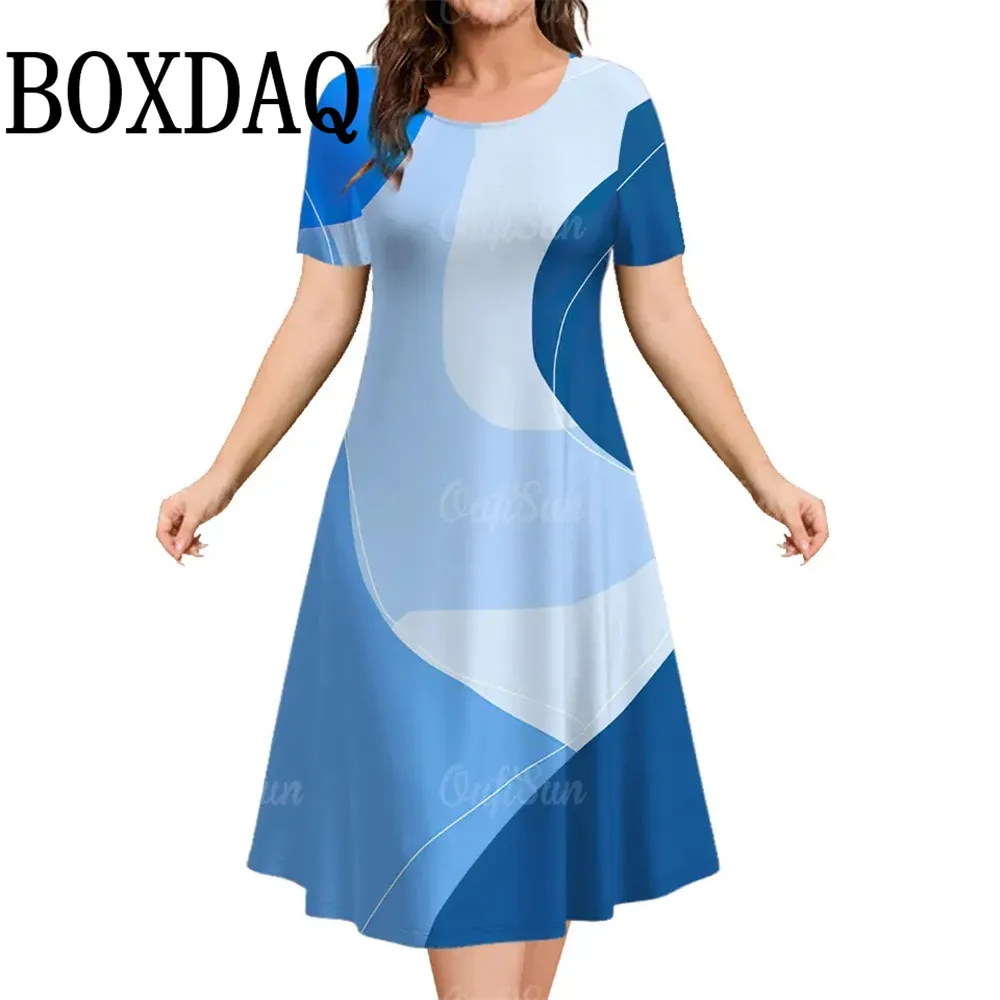 Woman Clothing Women‘S Short Sleeve Dress Plus Size Loose Dresses 3d Striped Printing Clothing Summer Casual Classy A-Line Dress