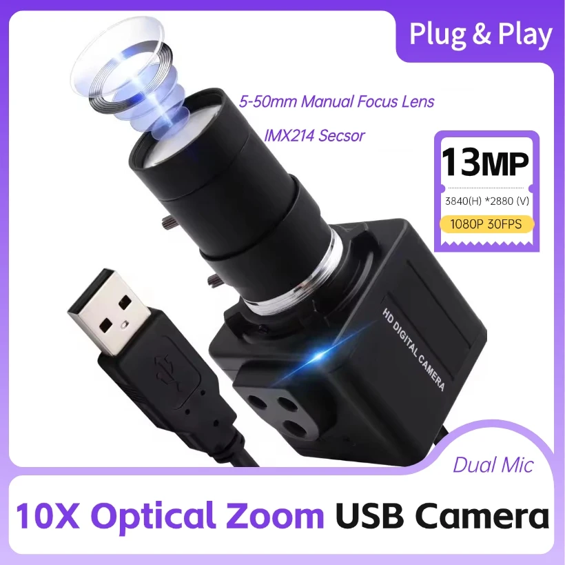

ELP 13MP USB Camera 10X Optical Zoom Webcam with 5-50mm Varifocus Lens Dual Mic USB PC Webcam for Android Linux Windows MAC OS
