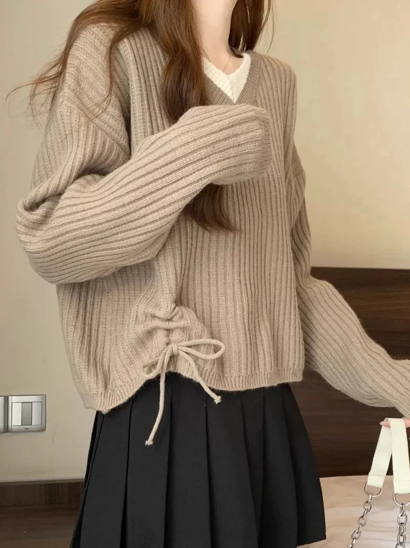 Knitted Sweater 2024 New Autumn and Winter Fashion Versatile Show off Slimming Long Sleeved Two-piece Drawstring Sweater Top WLF