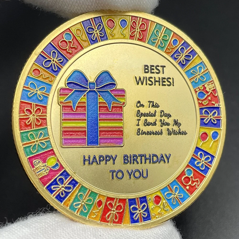 

Happy Birthday To You Gold Coin Collectibles Best Wishes Medal Flower Balloon Gift Box Pattern Kawaii Blessing Lucky Badge