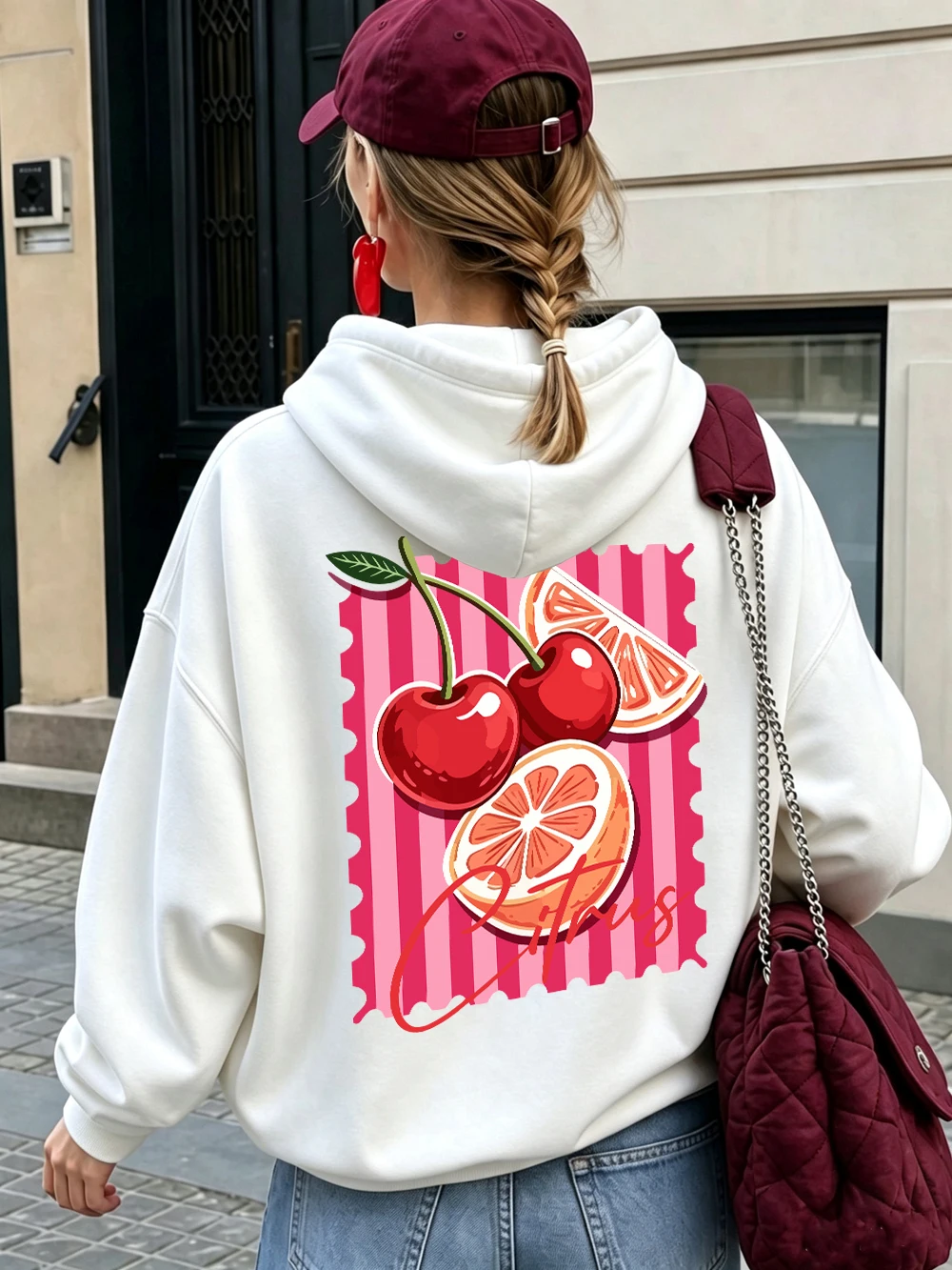 Red Cherry Citrus Printed Hoodies Womens Basic Loose Pocket Pullovers Winter Jogging Sweatshirts Casual Fleece Woman Clothes