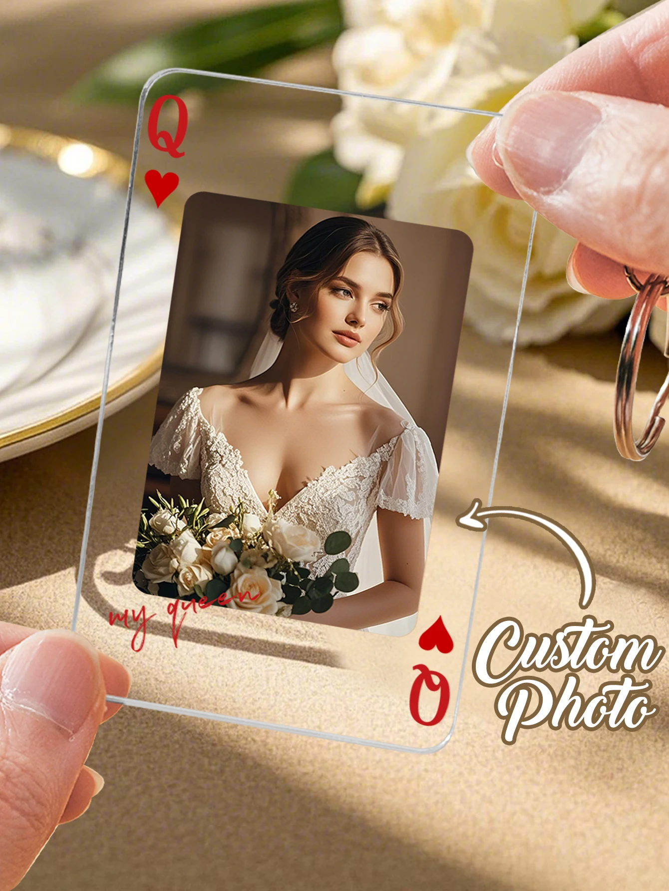 Custom Photo Poker Keychain Personalized Acrylic Q K Card Keyring Couple Gift Custom Picture Anniversary Valentines Gift