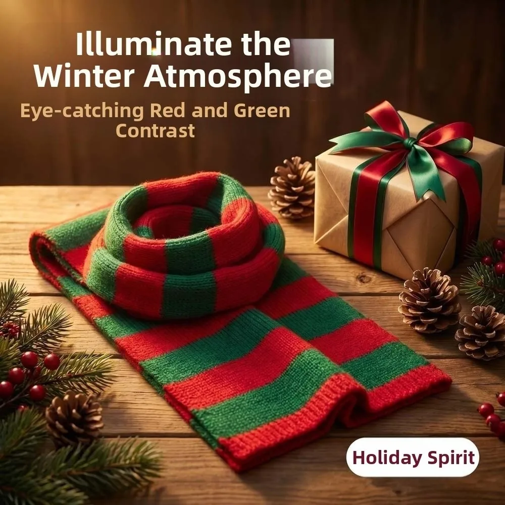 Thermal Yarn Christmas Hat Scarf Striped Pattern Bright Colors Xmas Beanie Double Layered Plush Pom Santa Claus Beanie Party