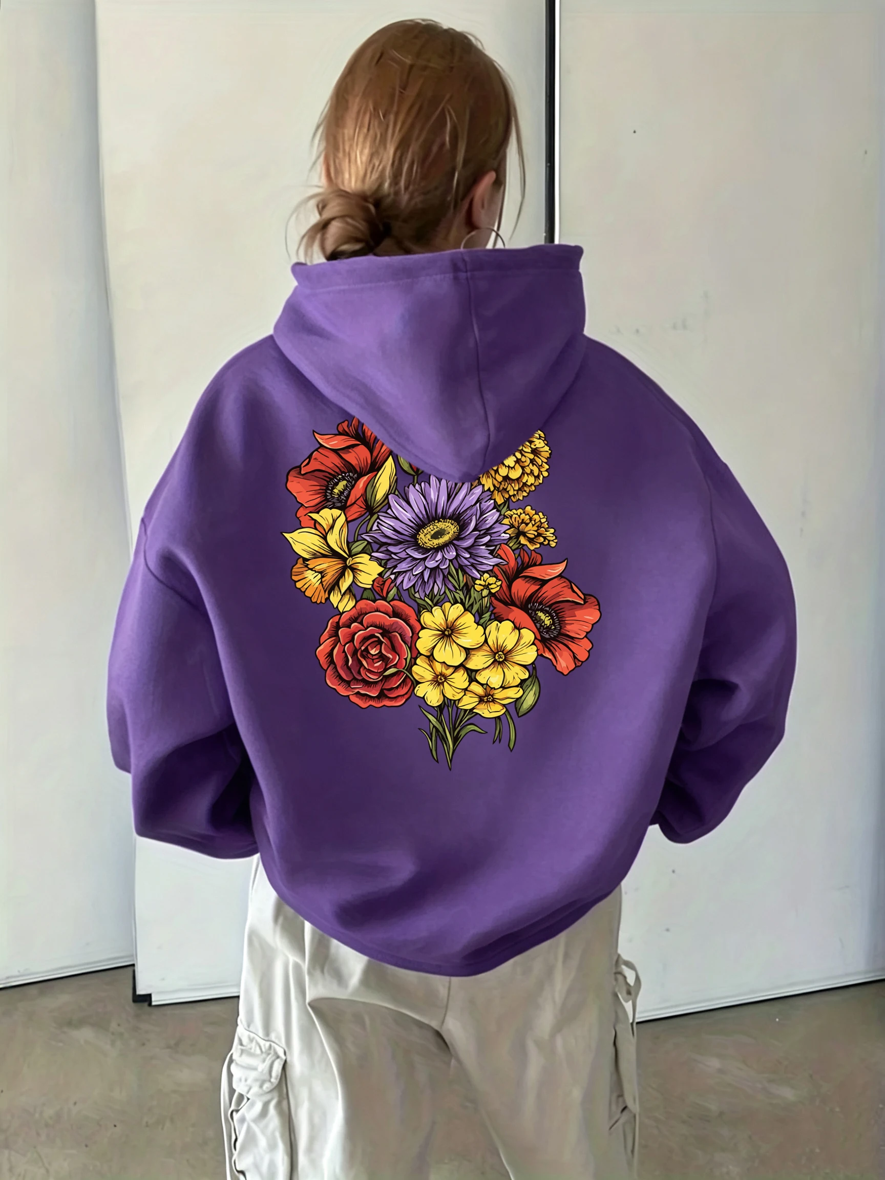 Colorful Wildflower Bouquet Rose Daisy Print Hoodies Women'S Pocket Autumn Hoody Fleece Casual Streetwear Y2K Loose Clothes