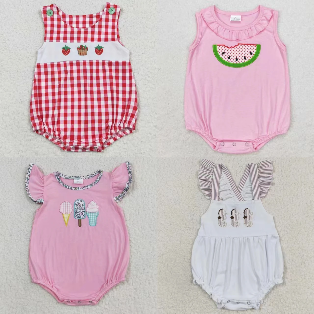 Wholesale Summer Newborn Embroidery Romper Baby Girl Watermelon Strawberry Jumpsuit Kids Toddler Bubble One-piece Clothing