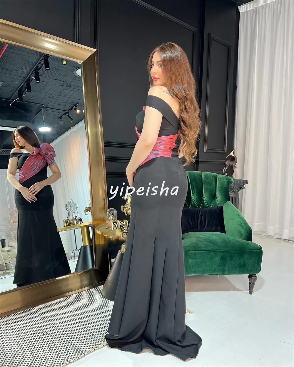 Gaun pesta, disesuaikan Jersey Pleat Formal malam putri duyung Off-the-shoulder Bespoke gaun acara gaun panjang