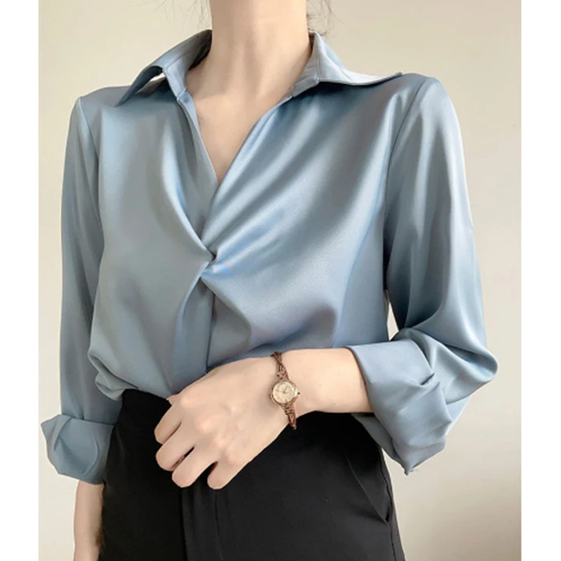 Chemisier drapé en Satin bleu pour femmes, Chic, col en V, manches longues, chemise plissée, élégant, bureau, résistant aux rides