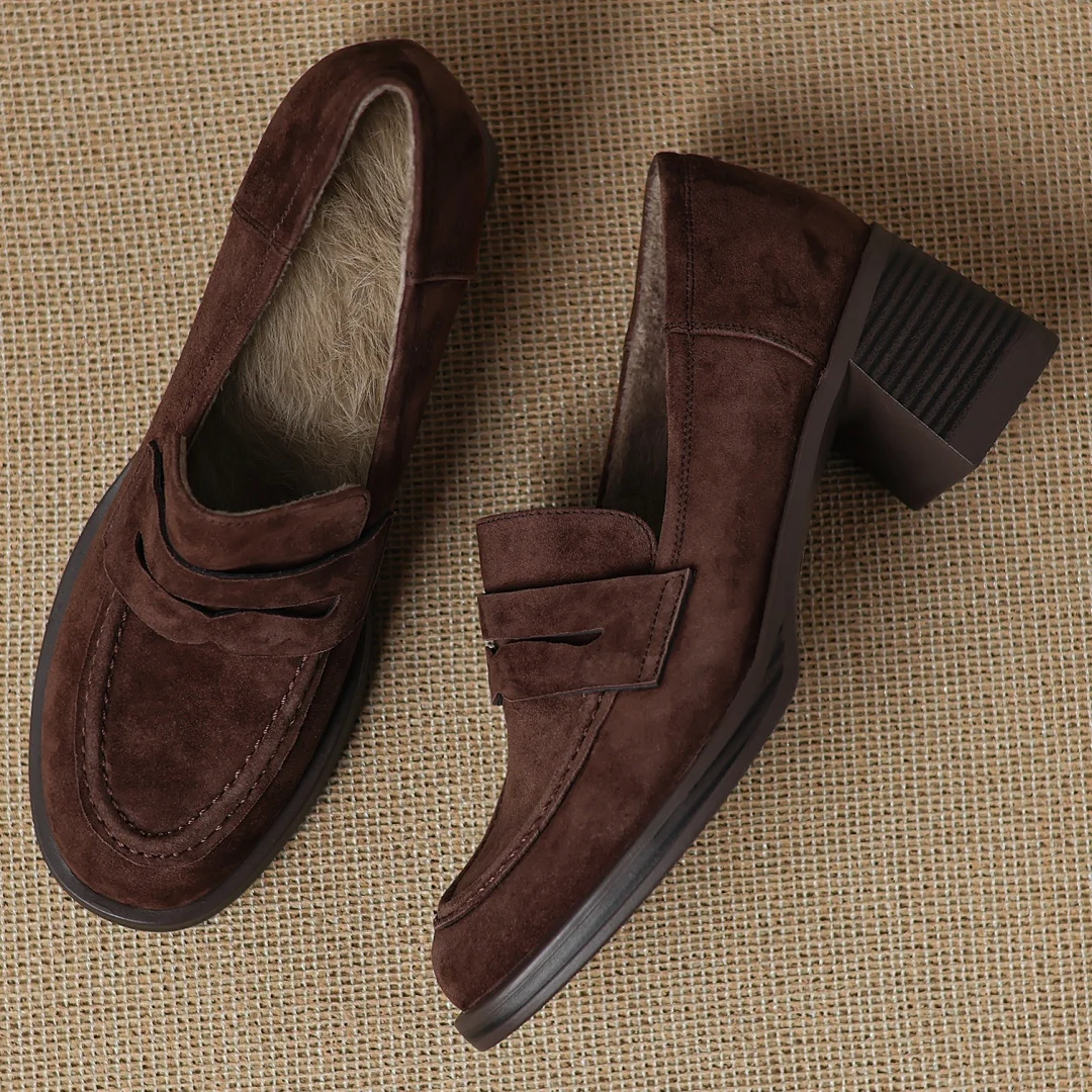 حذاء شتوي نسائي من Danxuefei مصنوع من جلد الغزال الطبيعي بمقدمة مستديرة سهل الارتداء عالي الجودة ناعم 6 سم بكعب عالٍ من فراء الأرانب #1