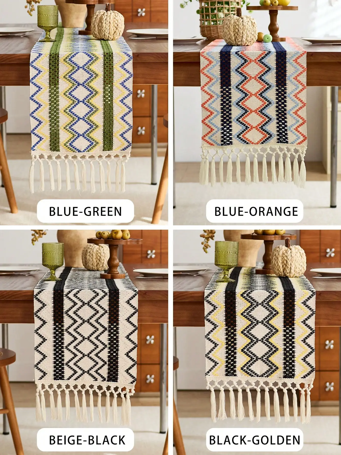 Bohemian Geometric Woven Table Runner with Fringe Pattern for Dining Table Decor，for Round Coffee Table and Kitchen Home Decor