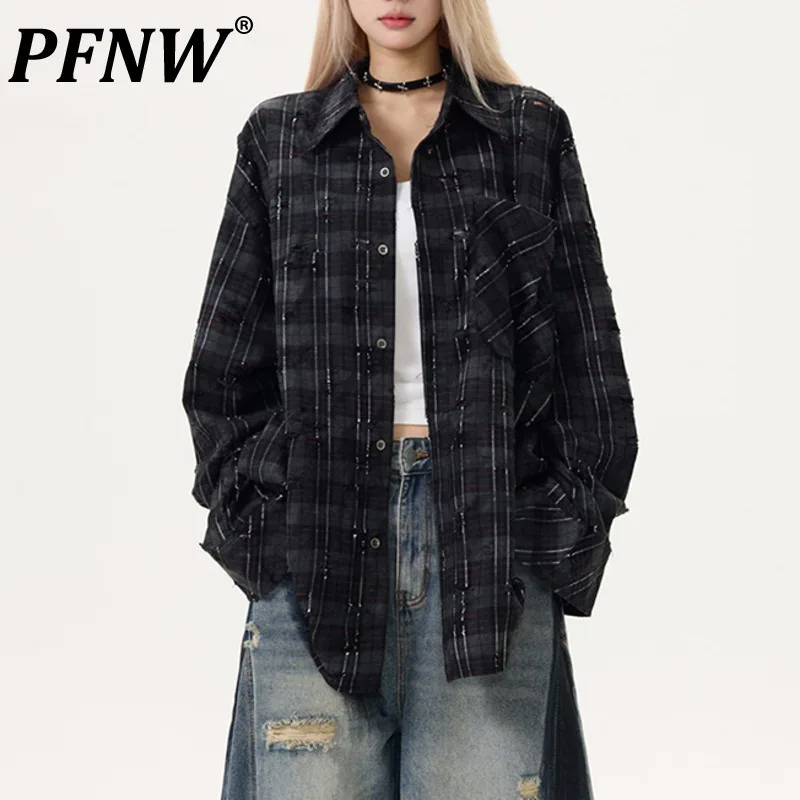 

PFNW American Style Plaid Hole Design Texture Shirt Men's Lapel Spliced Pocket Clothing Loose Autumn Street Tops Trendy 28W4824