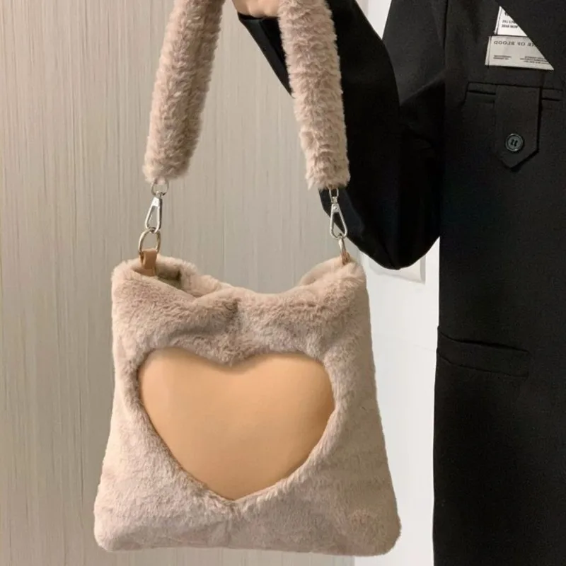 

Fashion Khaki Heart Tote Bag Women Patchwork Large Capacity Square Shoulder Bag Ladies Plush Soft Versatile Simple Crossbody Bag