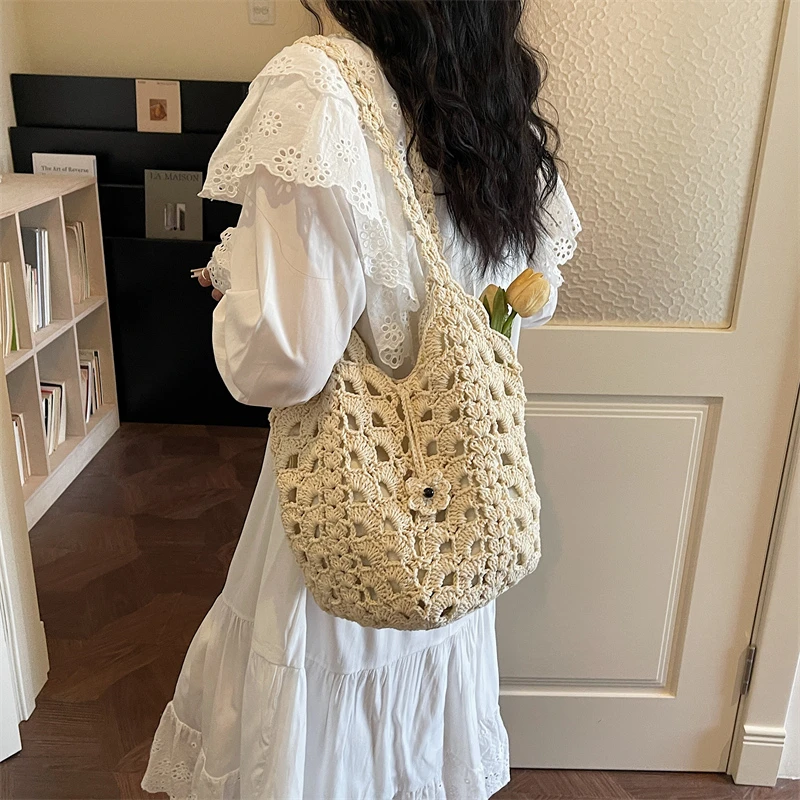 Fashion Handmade Crochet Hollow Tote Bag for Women Vacation Multi-color Woven Shoulder Bags Daily Boho Beach Handbag for Summer view 3