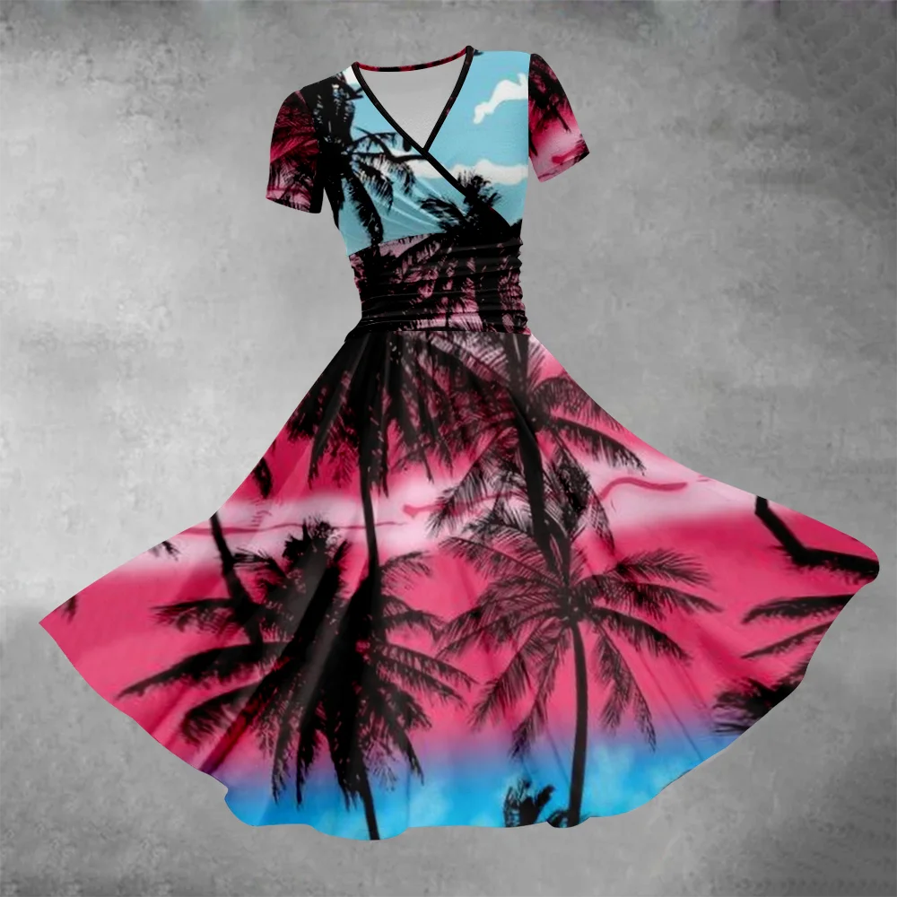 Summer Dress 2024 Coconut Tree Pattern Dress Beach Luxury Stylish Evening Dresses Fashion Women Party Girl Vestido Elegant Robes