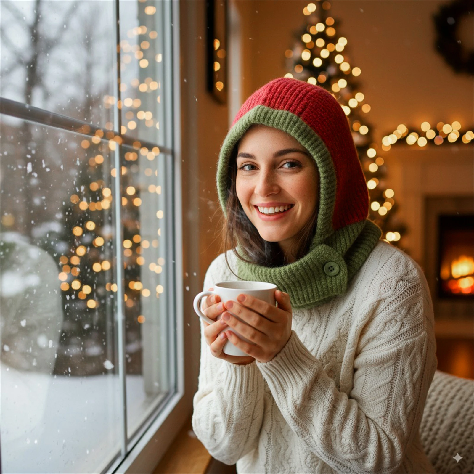 

Winter Warm Knitted Balaclava Hat Women Fashion Color Blocking Design Neck Face Cover Windproof For Outdoor Skiing Cycling