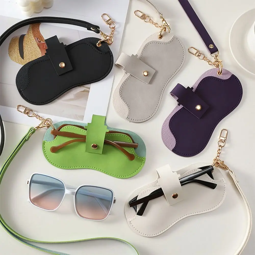 Tas Penyimpanan Kacamata Hitam Kulit PU Warna Solid dengan Tali Penyandang Kacamata Gantung Tempat Kacamata Hitam Portabel Tahan Lama