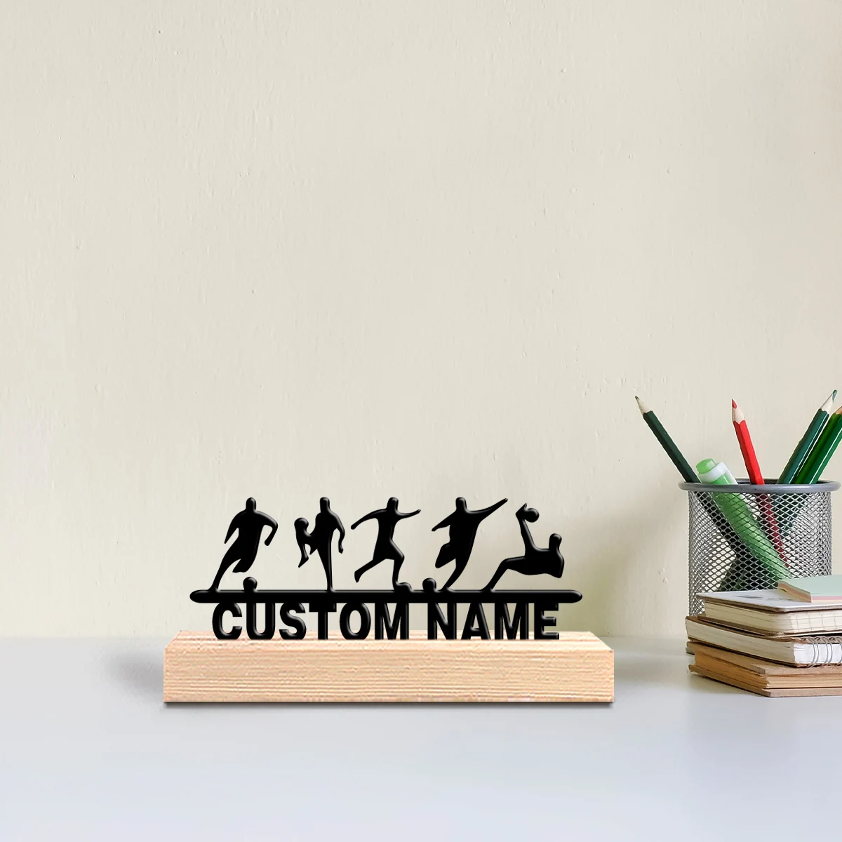 1pc Creative sport Custom Text Metal Statue Metal Ornament Iron Sculpture With Wood Base Art Crafts With Wood Base Bedroom Table