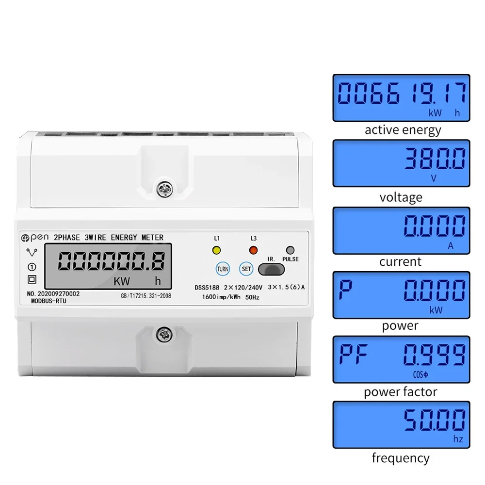 Din Rail Electric 2 Phase Energy Meter RS485 kWh Consumption Power Voltage Current Wattmeter Monitor Modbus RTU 120/240V