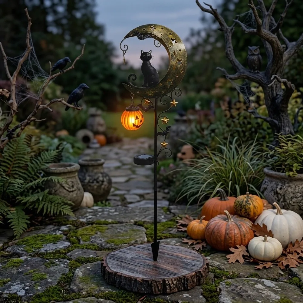 for Solar Powered for Black Cat Pumpkin Moon Garden Stake Light for Halloween Pathway Lawn and Yard Decoration 80cm Height