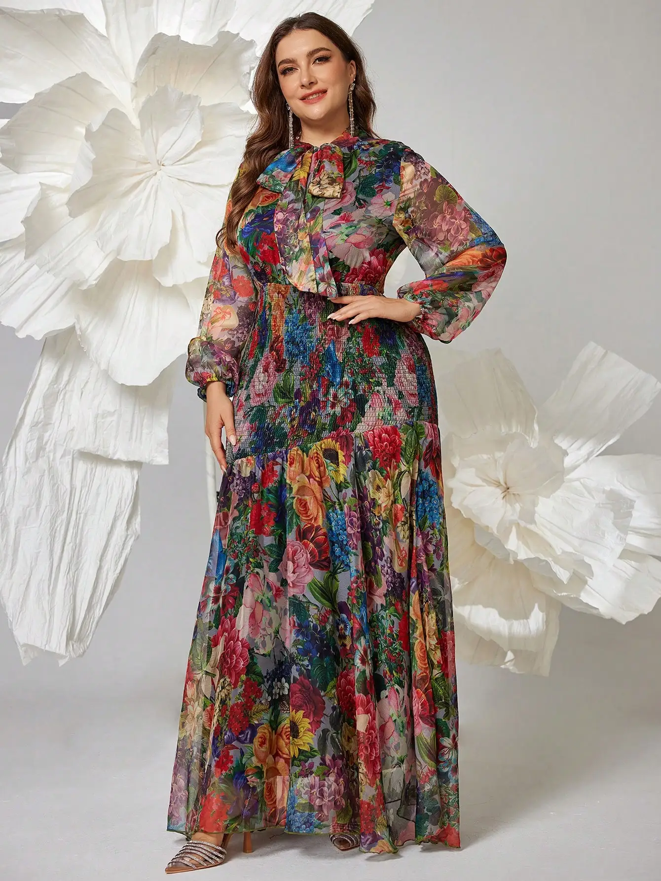 

Plus Size Women Floral Print V-Neck Lantern Sleeve Long Elegant Maxi Dress