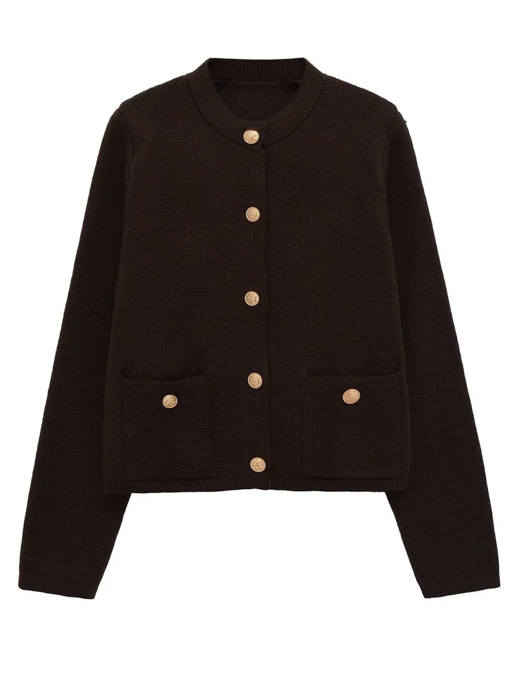 

Новое осеннее поступление, женский вязаный длинный све, круглый открытый кардиган, пальто с золотыми пуговицами, украшенный милым рукавом, свободный крой, повседневный