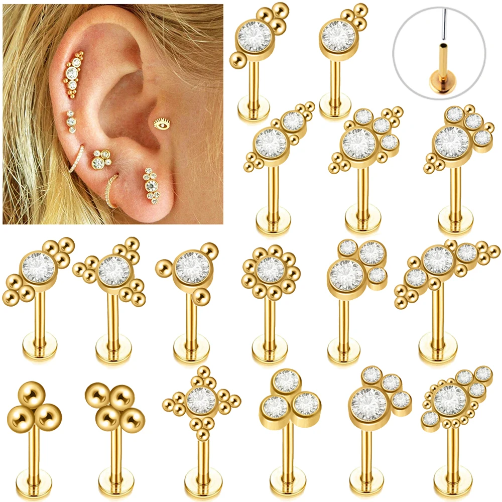 1PC Stainless Steel Golden Cz Labret Lip Ring Threadless Crystal Cluster Ear Cartilage Tragus Helix Daith Piercing Body Jewelry