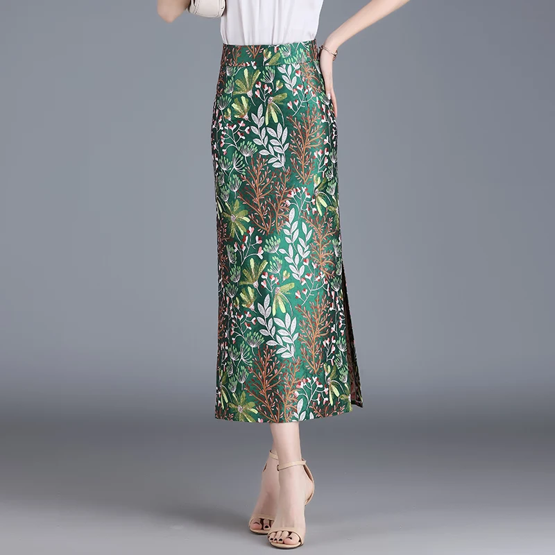 ZUZK Women Elegant Fashion Embroider Slit  Bodycon Skirt Female High Waist Qipao Style Chic Slim Long Pencil Skirts M-4XL