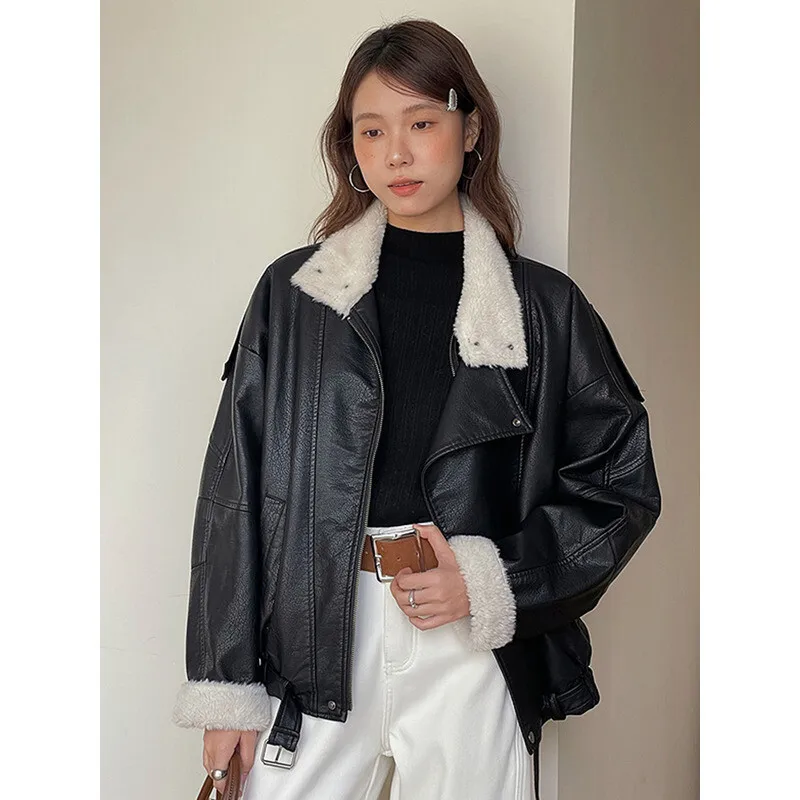 YERMORA Zwart PU Lederen Rits Vintage Jas Voor Vrouwen Revers Lange Mouw Losse Nieuwe Jas Mode Tij Herfst Winter 2025