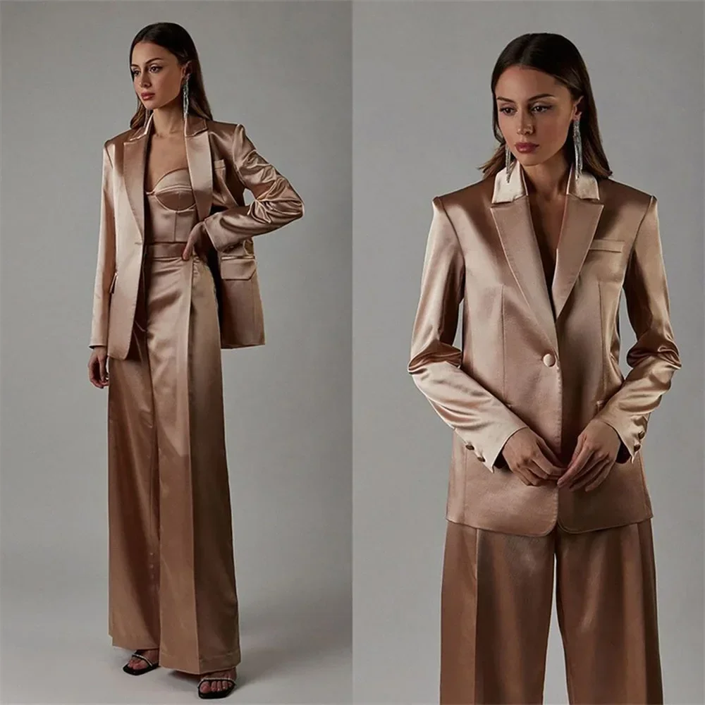 Fashion Satin Peak Lapel One Button Women Suits Elegant Office Lady Daily Casual Two Piece Prom Party Pants Sets (Blazer+Pants)